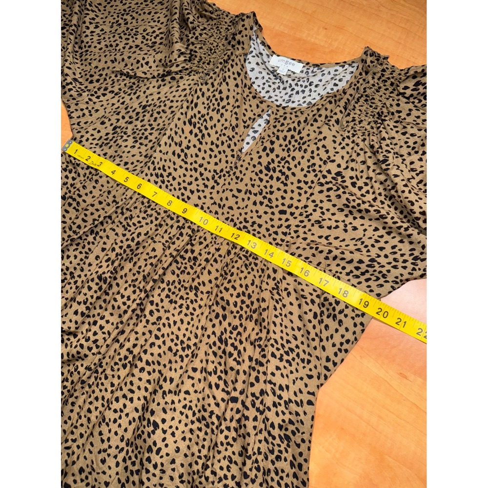 Umgee Animal Print Smocked Balloon Sleeve Babydoll Tunic Top Tan Black Small - Picture 6 of 7